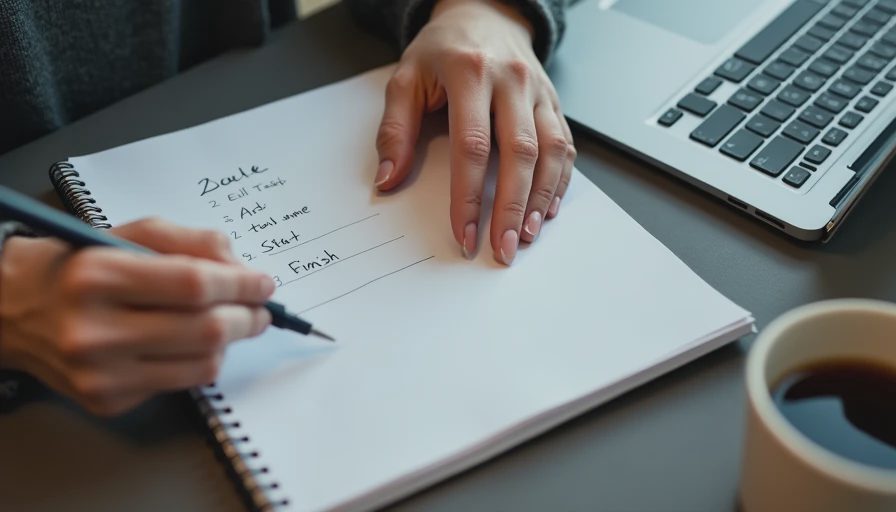 Hands writing a handwritten test log with times and a task description in a notebook beside a laptop.

