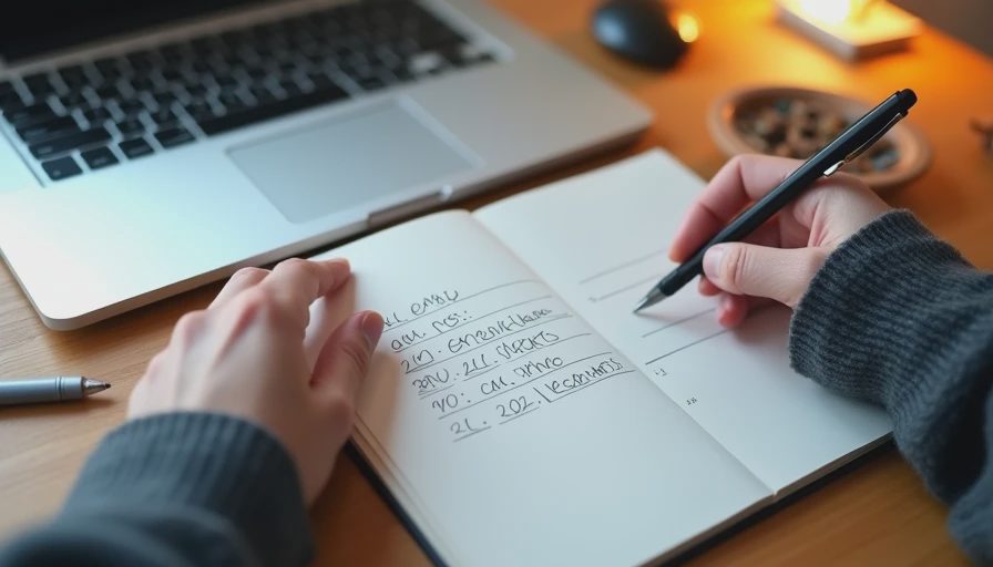 Hands pointing at a handwritten bar chart of weekly time totals in a notebook beside a laptop.