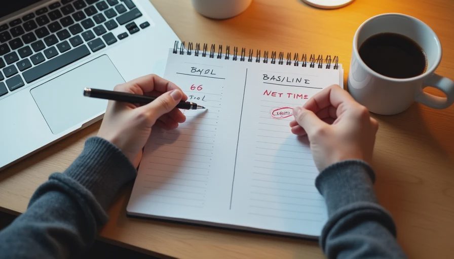 Hands writing a handwritten net-time comparison table with "-6" circled in red in a notebook beside a laptop and coffee mug.

