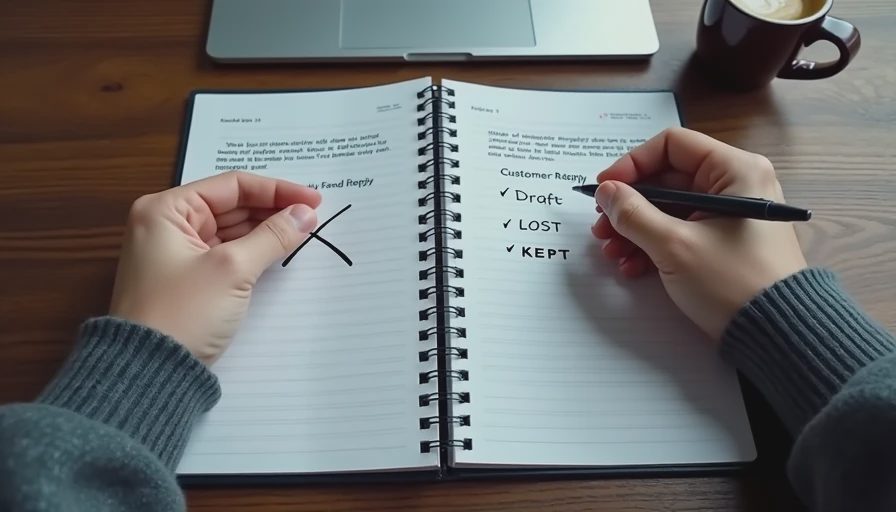 Hands marking one customer reply draft with a checkmark and crossing out another with an X in a notebook beside a laptop and coffee mug.


