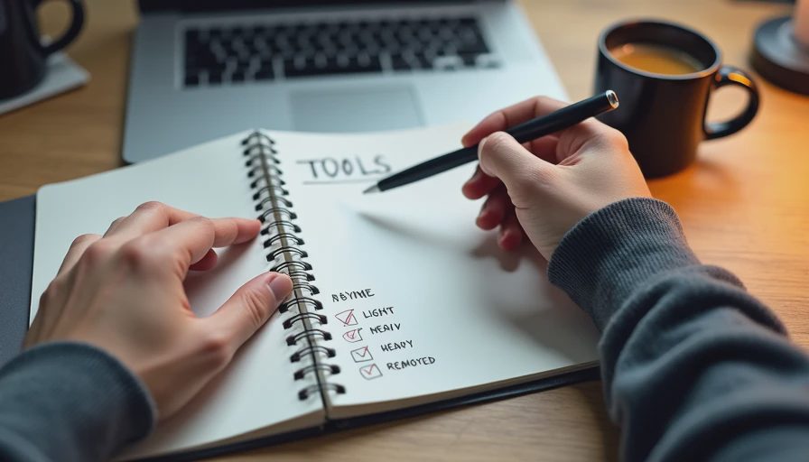 Hands writing a three-row AI test log in a notebook with "LIGHT," "MEDIUM," and "HEAVY" labels beside a laptop and coffee mug.

