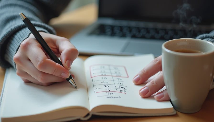Hands circling a wrong row in a handwritten table in a notebook beside a laptop and coffee mug.