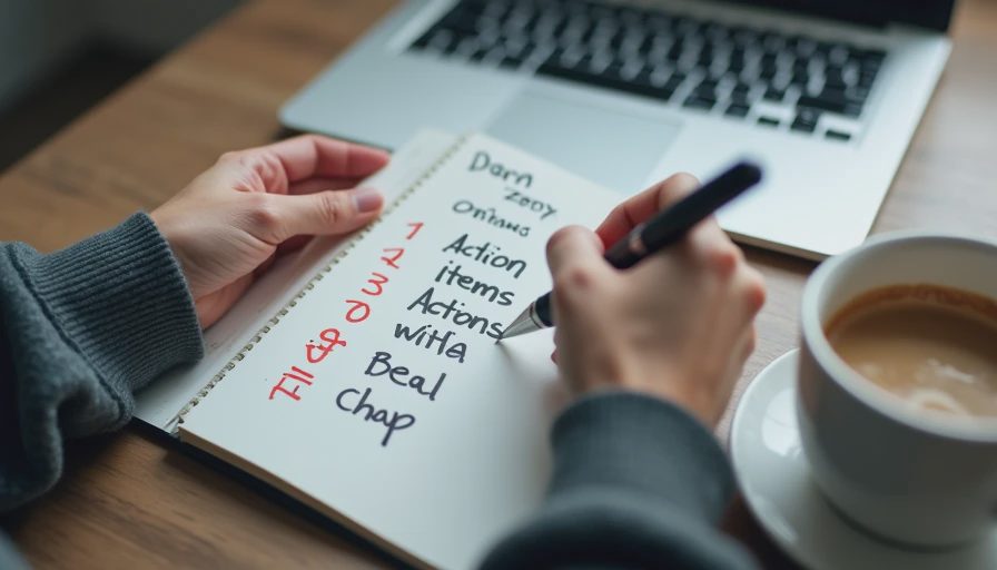 Hands marking missed action items with a red pen in a notebook beside a laptop and coffee mug.

