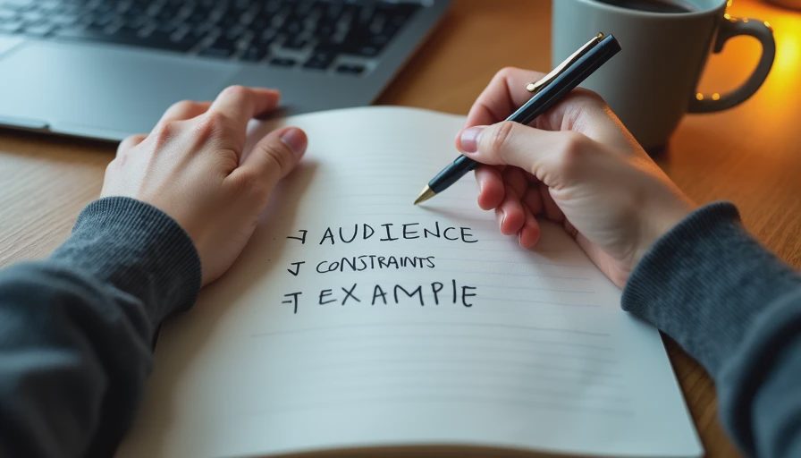 Hands writing a five-part prompt structure with labeled sections in a notebook beside a laptop.

