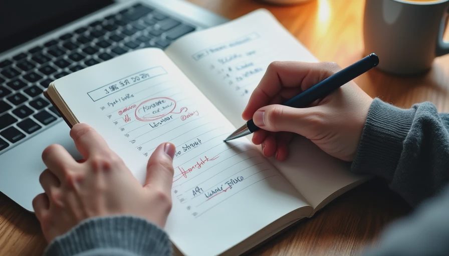 Hands writing a three-part decision analysis in a notebook with a comparison table, trade-offs list, and a column of counterarguments beside a laptop.

