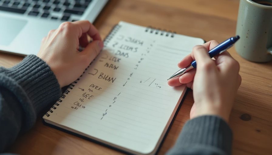 Hands adding missed items like "ICE" and "BUNS" to a handwritten shopping list in a notebook beside a coffee mug.