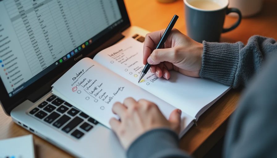 Hands editing a handwritten vendor follow-up list in a notebook with a spreadsheet visible on a laptop beside a coffee mug.

