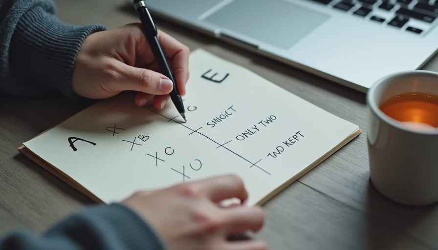 Hands writing a five-row comparison table of AI browser extensions in a notebook with two checkmarks and three X marks beside a laptop.

