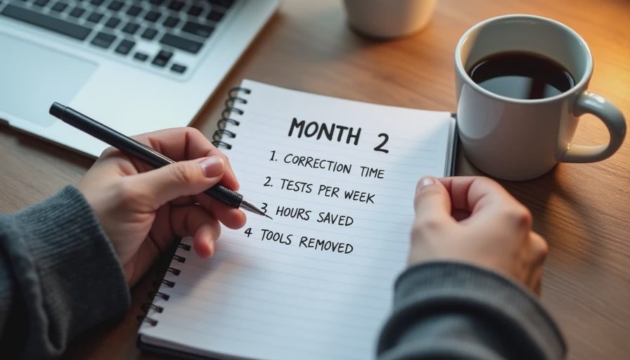 Hands writing a four-item list of goals for month two of AI testing in a notebook beside a laptop and coffee mug.

