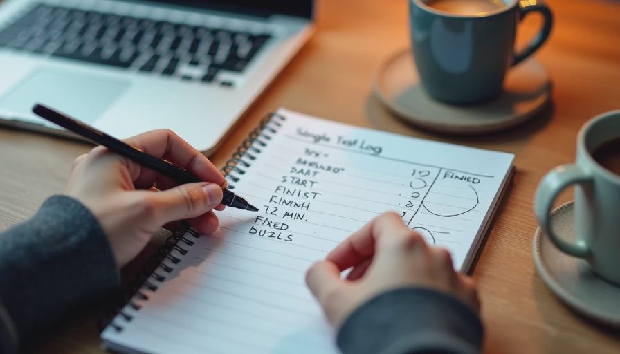 Hands writing a seven-field test log entry in a spiral notebook with a time bracket drawn beside it next to a laptop and coffee mug.

