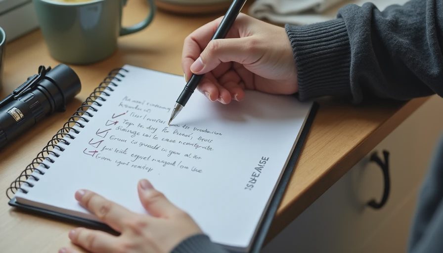 Hands writing a dishwasher troubleshooting checklist with a note about turning off the breaker in a notebook on a kitchen counter.

