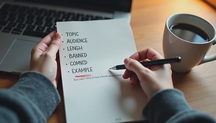 Hands writing a six-line prompt structure with banned words crossed out in a notebook beside a laptop and coffee mug.