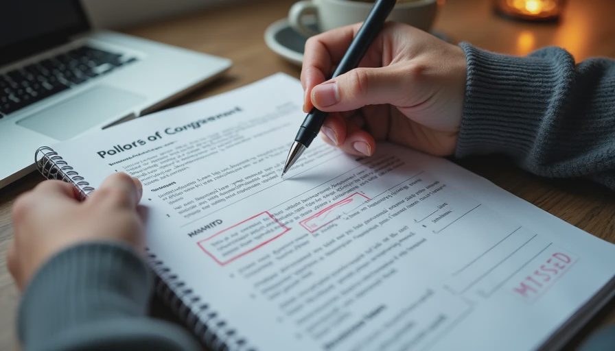 Hands pointing at a sub-paragraph in a printed policy document beside a notebook with a list and the word "MISSED" written in the margin.