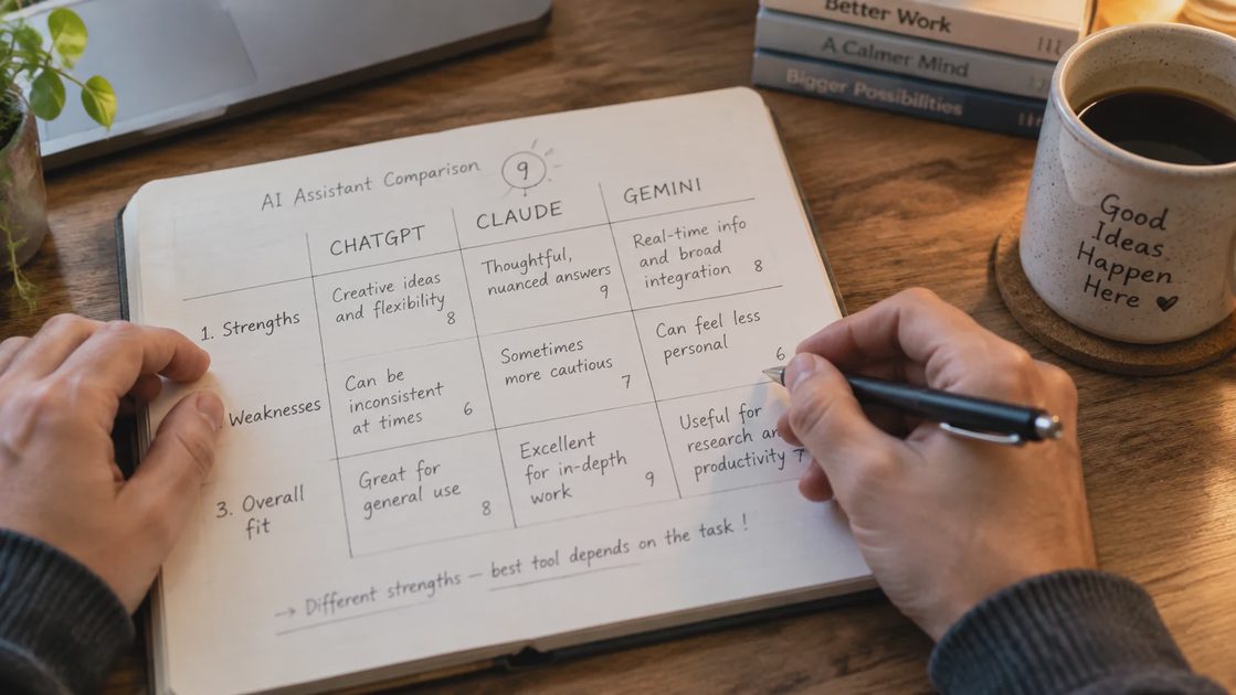 Hands writing a three-column comparison table of AI tool performance in a notebook beside a coffee mug.

